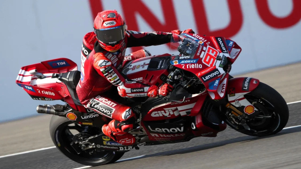 Marc Márquez rides his Ducati Lenovo Team motorcycle during the 2026 Indonesian MotoGP Sprint Race at Mandalika.
