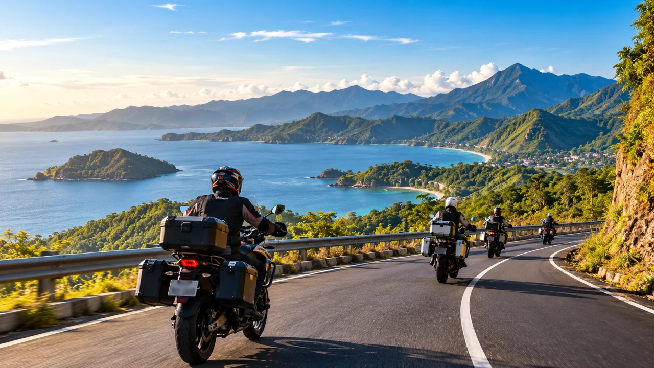 Motorcycle touring through scenic mountain and coastal roads in Indonesia