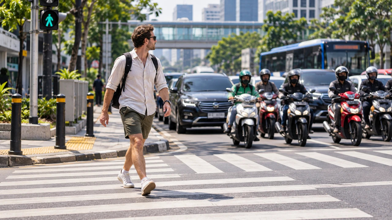 Foreign pedestrian walking across a busy Indonesian street near a zebra crossing and sidewalk